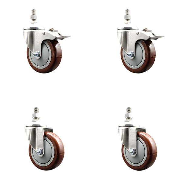 Service Caster 4 Inch 316SS Maroon Polyurethane 12mm Threaded Stem Caster Lock Brake, 2PK SS316TSTTL20S414-PPUB-MRN-M1215-2-S2 - main